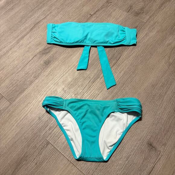 Victoria’s Secret Bikini Set Sz Sm Bandeau Top, Ruched Hipster Bottoms Teal Blue - Picture 2 of 12